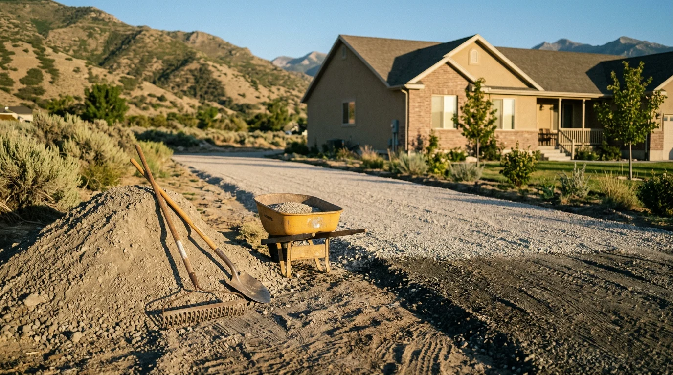Concrete contractor pouring and finishing a residential driveway in Brigham City, Utah.