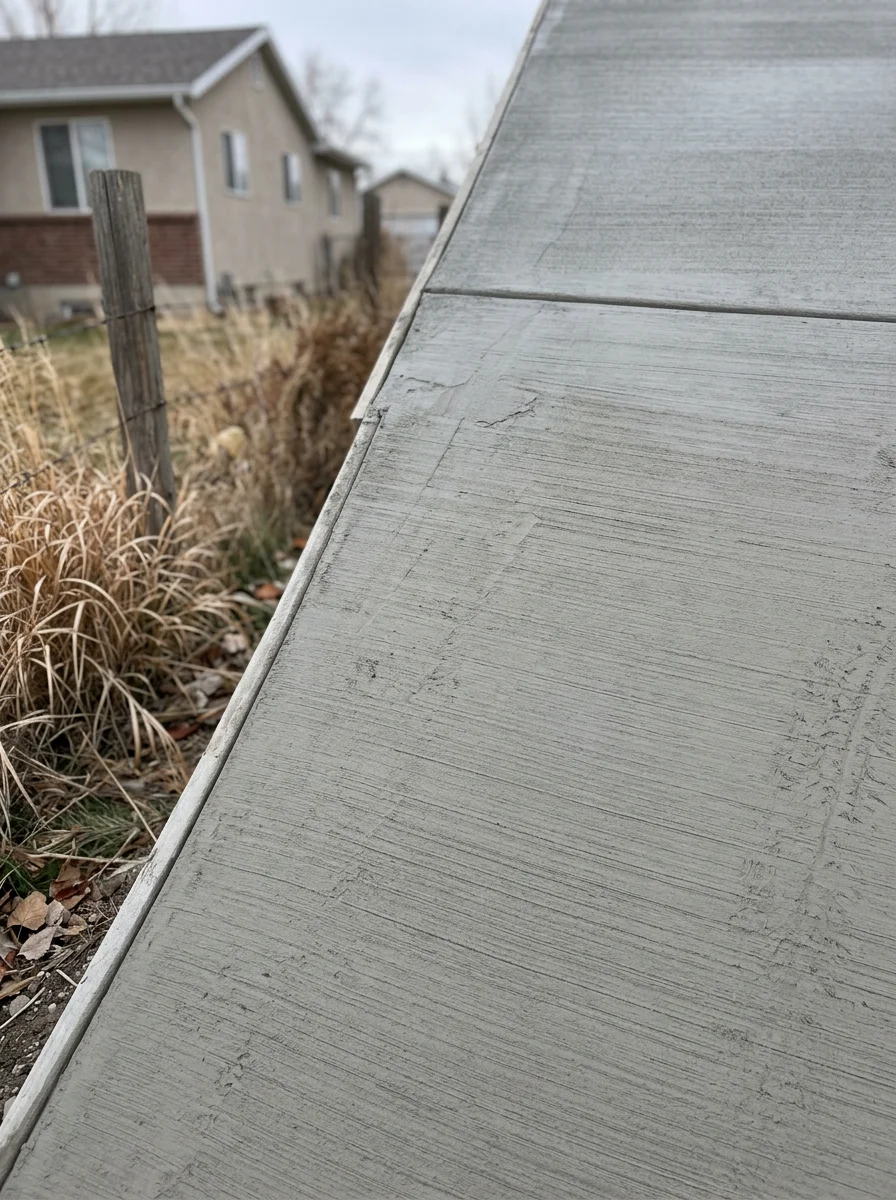 Close-up of a finished concrete flatwork surface on a Brigham City property, showing clean edges and a broom finish suited for northern Utah winters.
