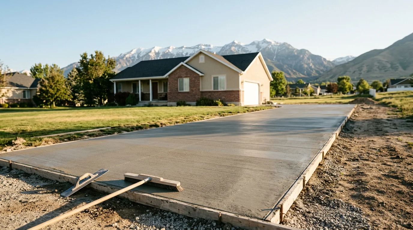 Freshly poured concrete driveway on a residential lot in Brigham City, Utah, with the Wasatch Range visible in the background.