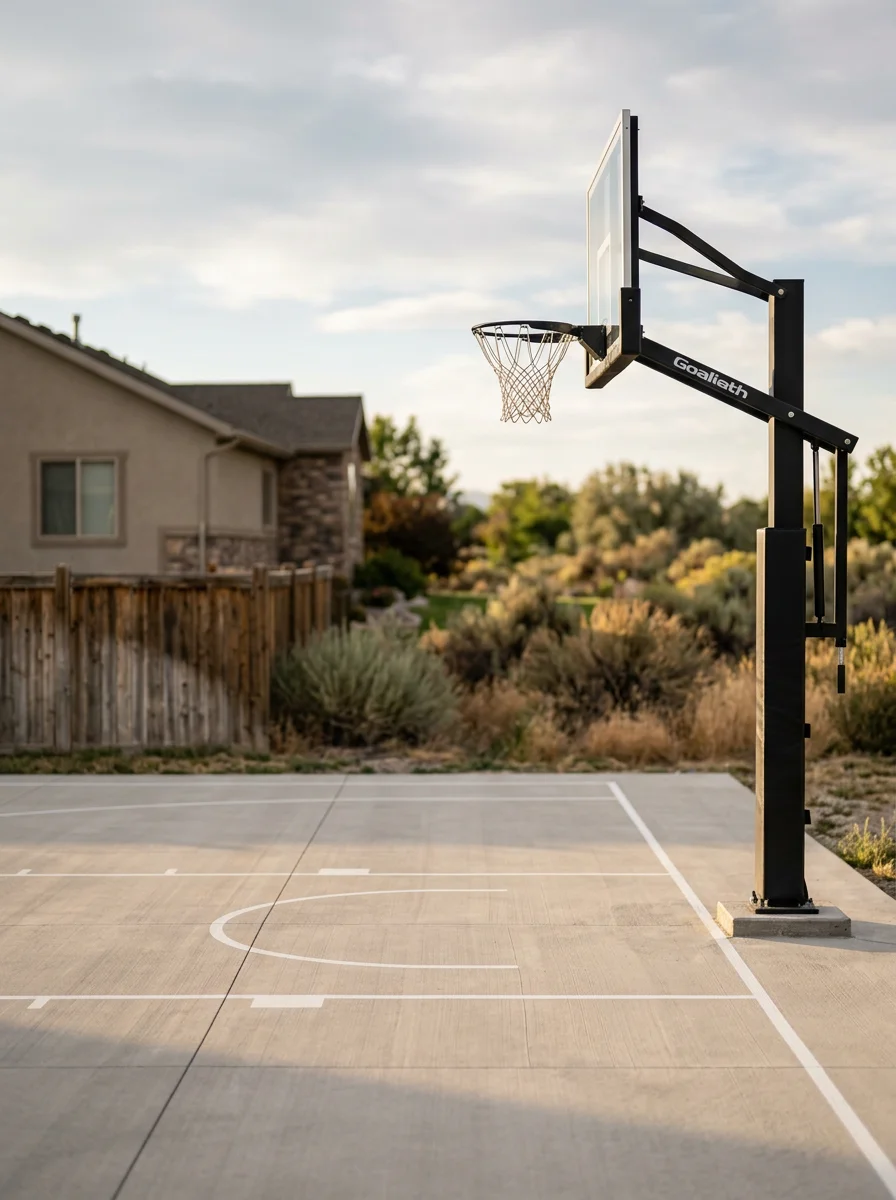 Concrete sports court on a residential property in Garland, Utah, showing a smooth finished surface with painted court lines and a basketball hoop.