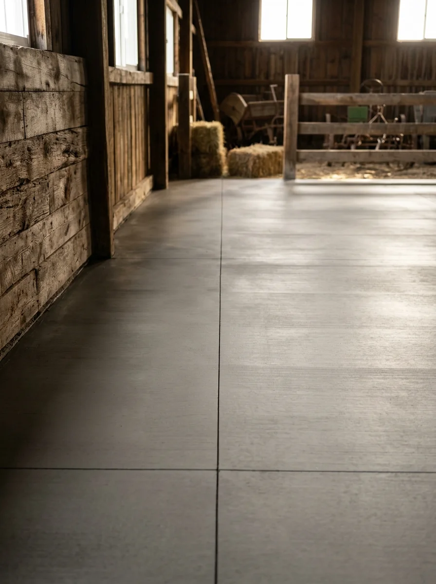 Freshly poured concrete floor inside a barn on a Honeyville, Utah acreage property, with smooth surface and visible control joints.
