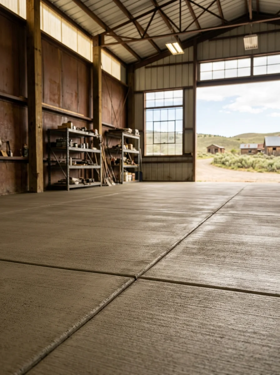 Concrete floor inside a farm equipment building near Snowville, Utah, showing a smooth broom-finished surface with control joints.