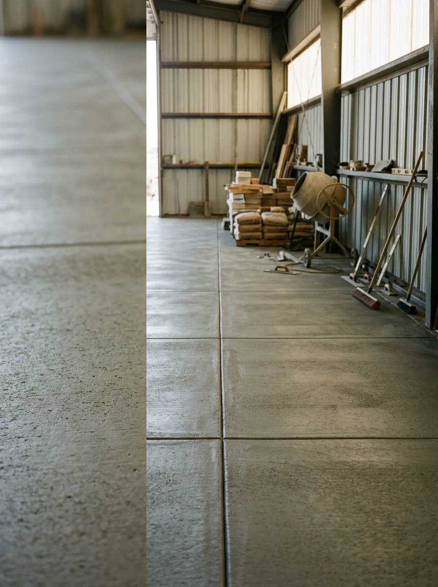 Smooth concrete shop floor inside a metal outbuilding on a Tremonton, Utah property, with clean control joints visible across the surface.
