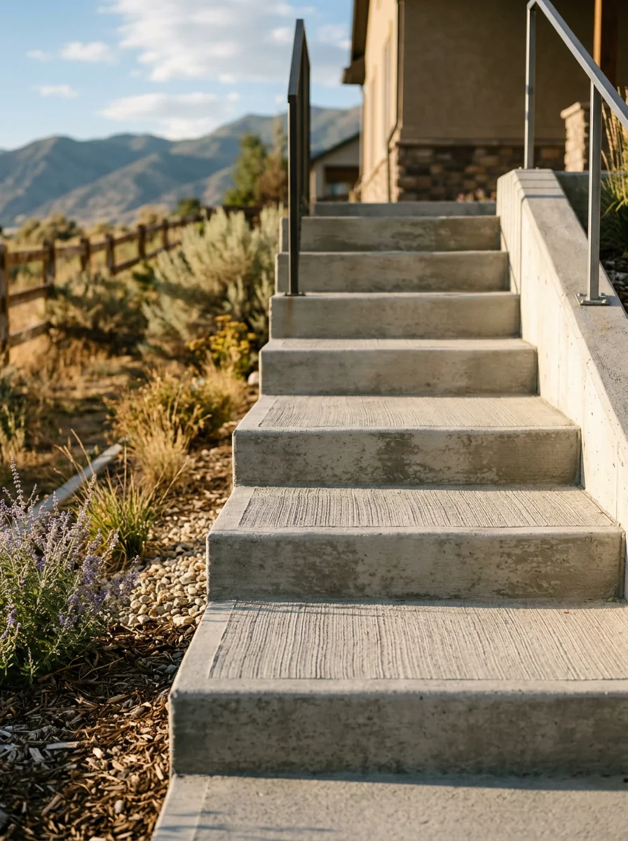 Concrete stairs connecting two grade levels on a residential property in Willard, Utah, with a broom-finished surface and clean riser edges.