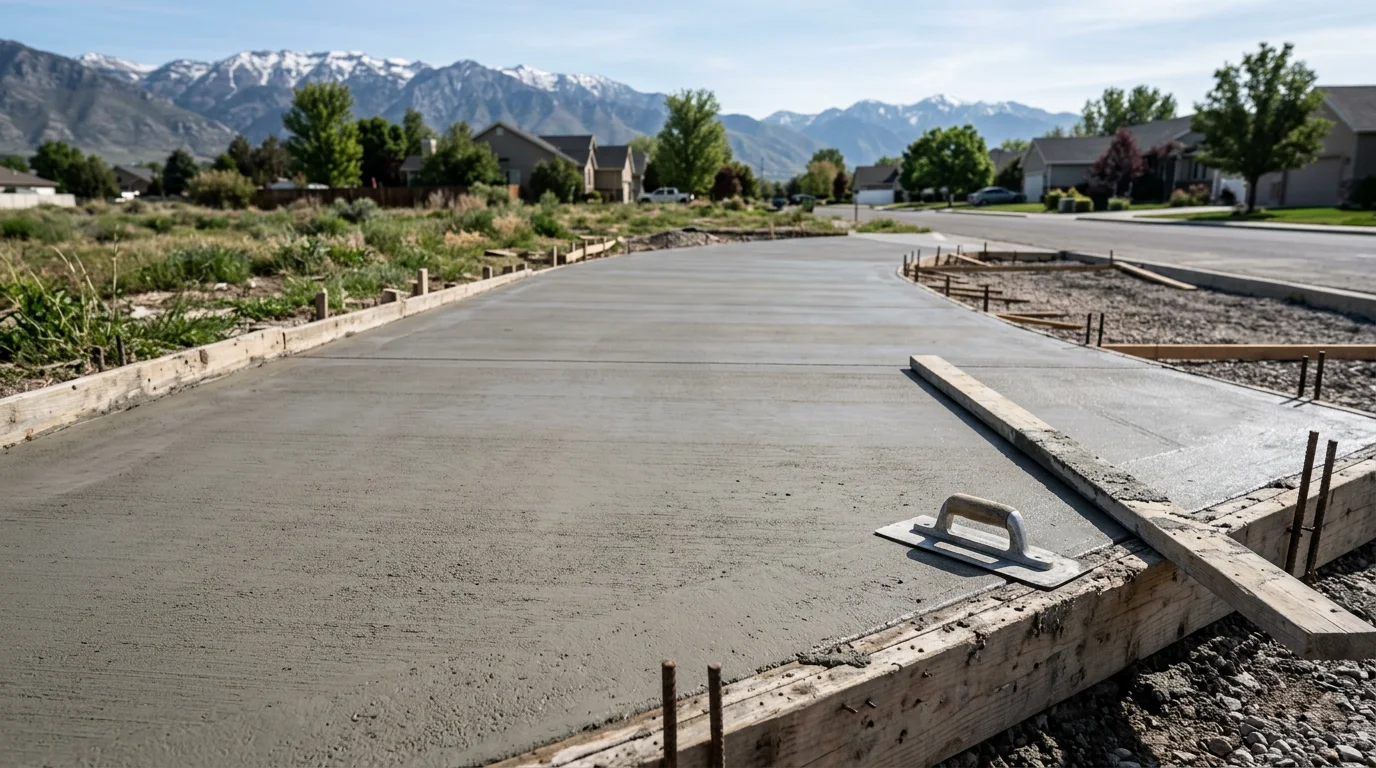 Freshly poured and finished concrete driveway at a residential property in Brigham City, Utah, showing a smooth broom-textured surface with clean edges and proper slope away from the home.