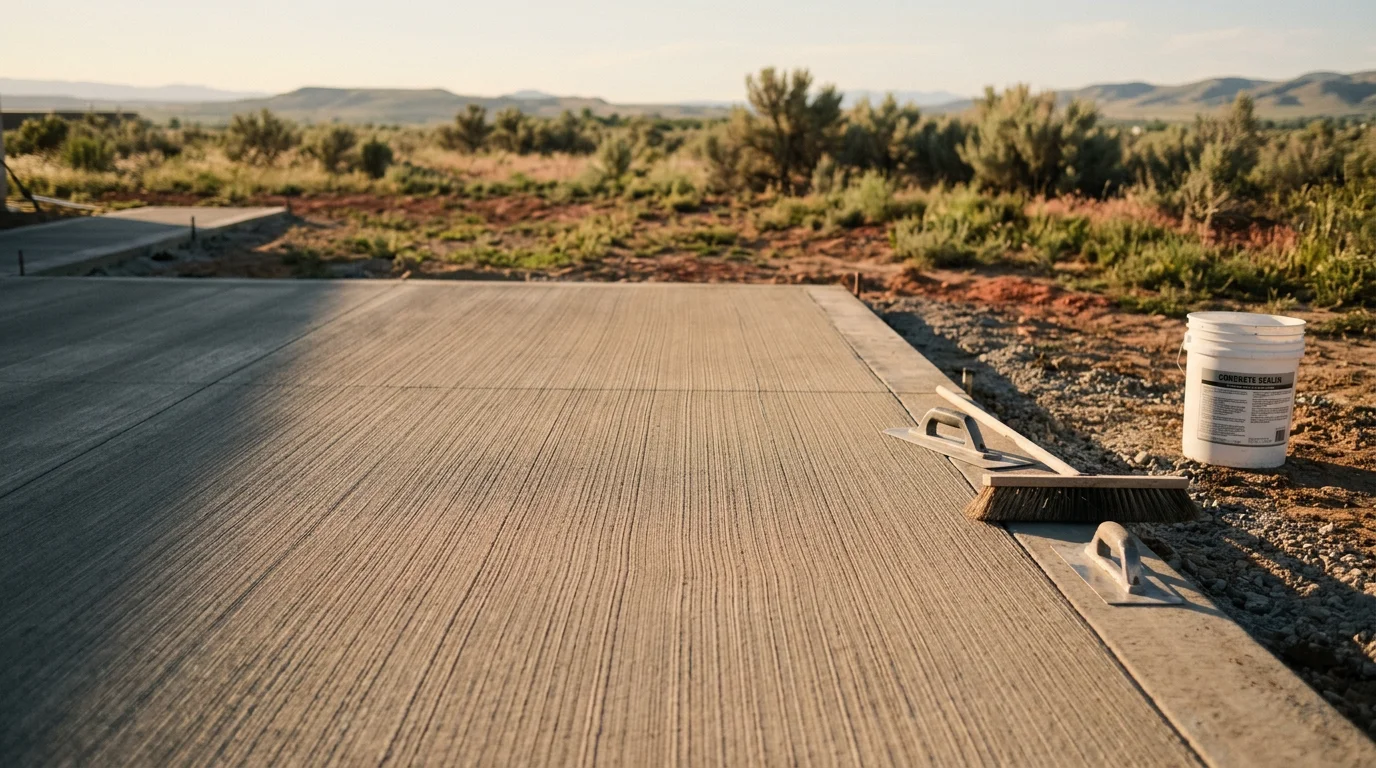 A freshly broom-finished concrete driveway slab in a residential yard in Brigham City, Utah, showing clean parallel texture lines and crisp formed edges. The surrounding landscape reflects the high-desert terrain common across Box Elder County.