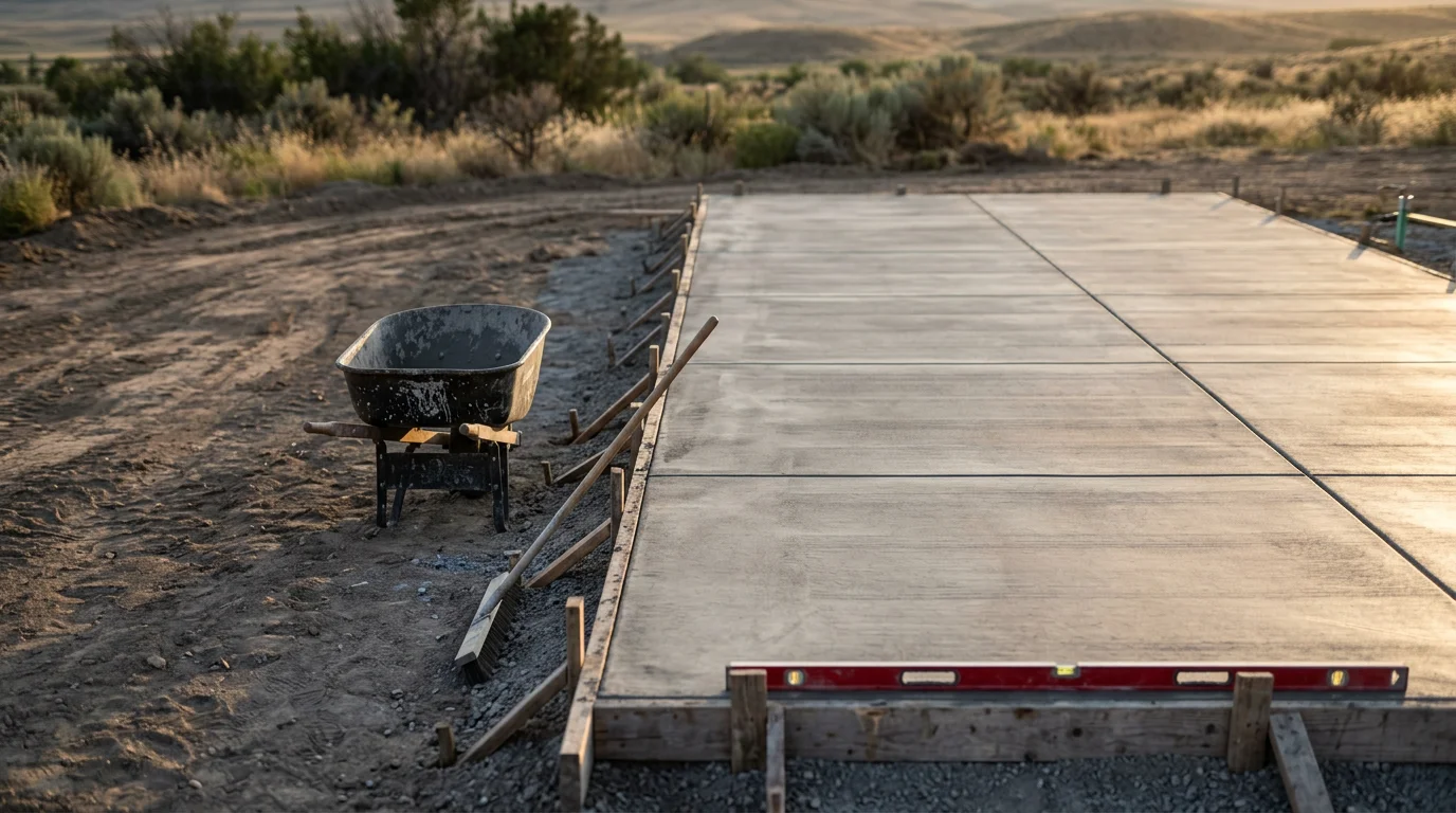 Freshly poured and broom-finished concrete walkway and patio slab at a residential property in Brigham City, Utah. The flatwork shows clean control joints, even edges, and proper slope away from the home's foundation.