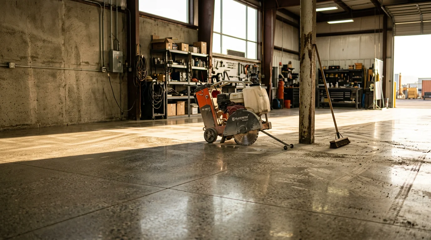 Freshly poured and sealed concrete shop floor inside a large workshop in Brigham City, Utah, with a smooth gray surface ready for equipment and vehicle use.