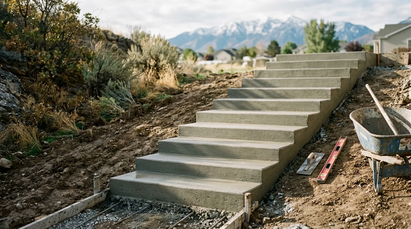 Newly poured concrete entry stairs at a residential home in Brigham City, Utah, with clean tread edges and a broom finish. The steps lead from a front porch to a concrete walkway on a clear northern Utah day.