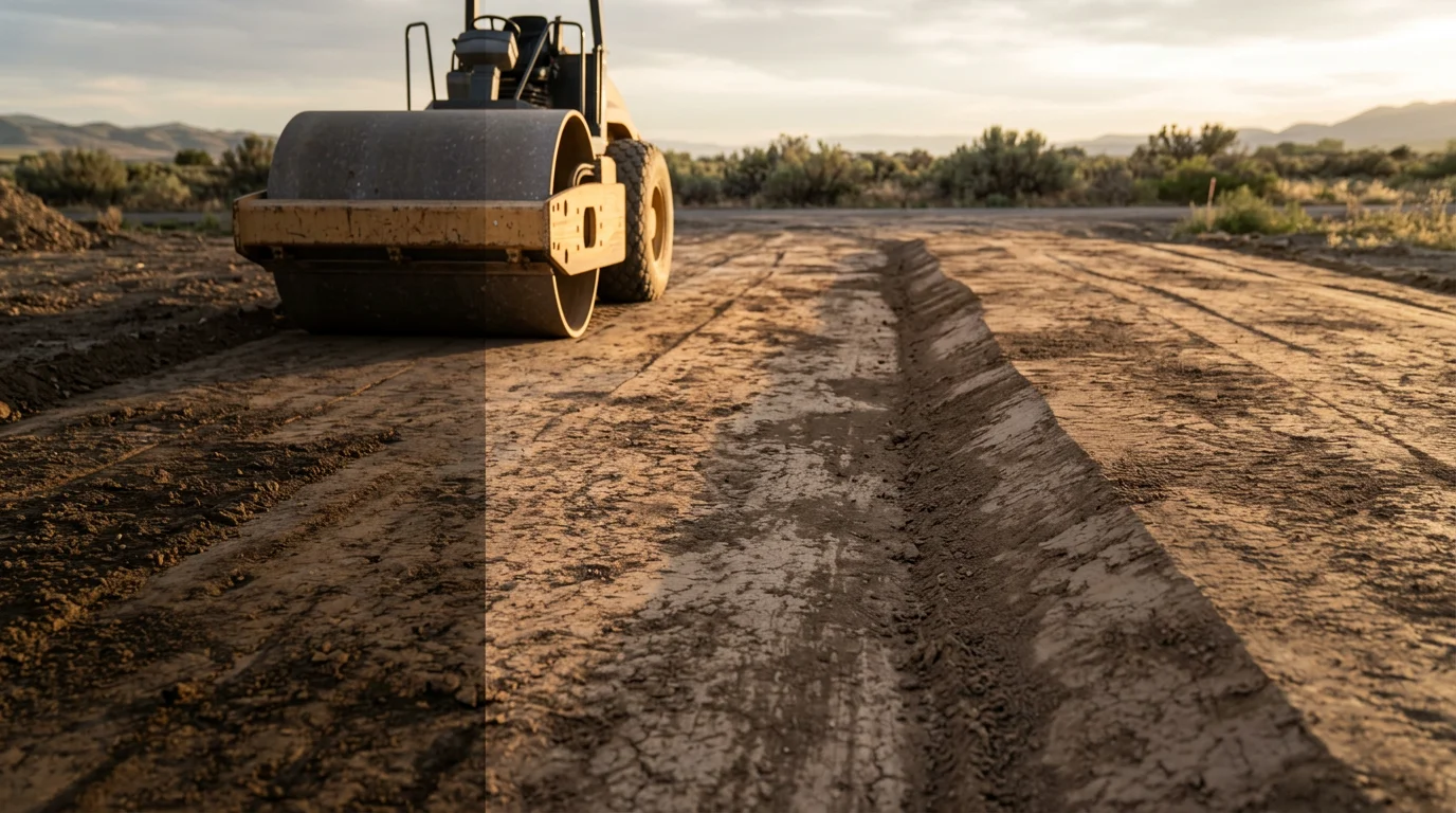 A freshly graded gravel driveway on a rural property in Brigham City, Utah, showing a smooth, crowned surface with visible compaction and clear drainage slope away from the home. Box Elder County terrain and open sky visible in the background.