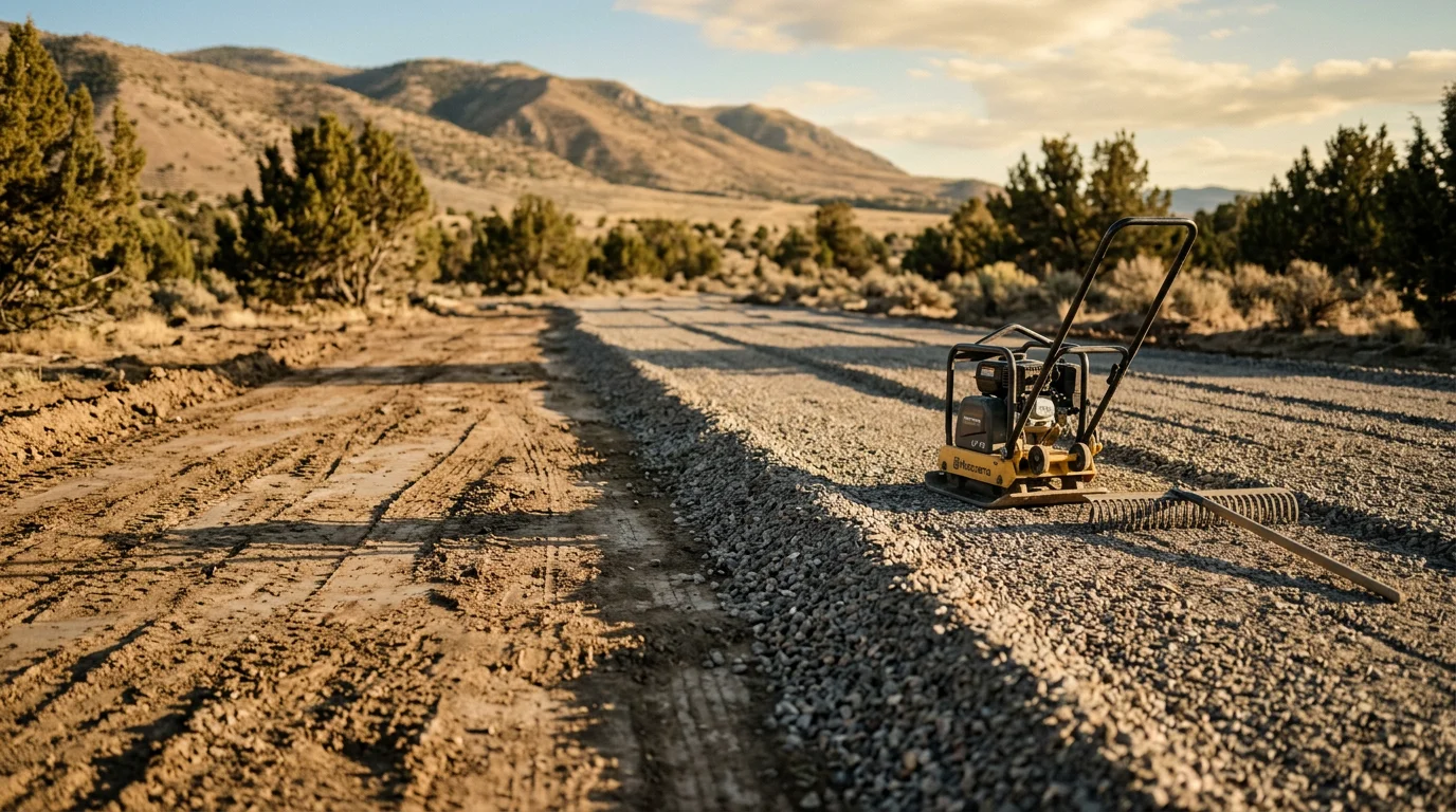 A freshly installed gravel driveway on a rural property in Brigham City, Utah, with compacted gravel extending from the road to a residential structure. The surrounding landscape shows the open valley terrain typical of Box Elder County.