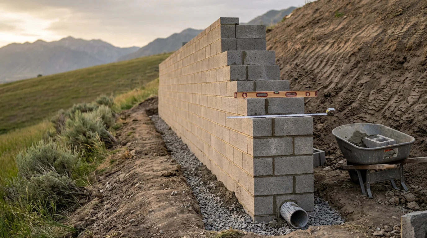 A finished concrete block retaining wall on a residential property in Brigham City, Utah, holding back a sloped yard with compacted backfill and a level lawn area above. The wall runs along the property edge with visible coursing and a clean base grade at the base.