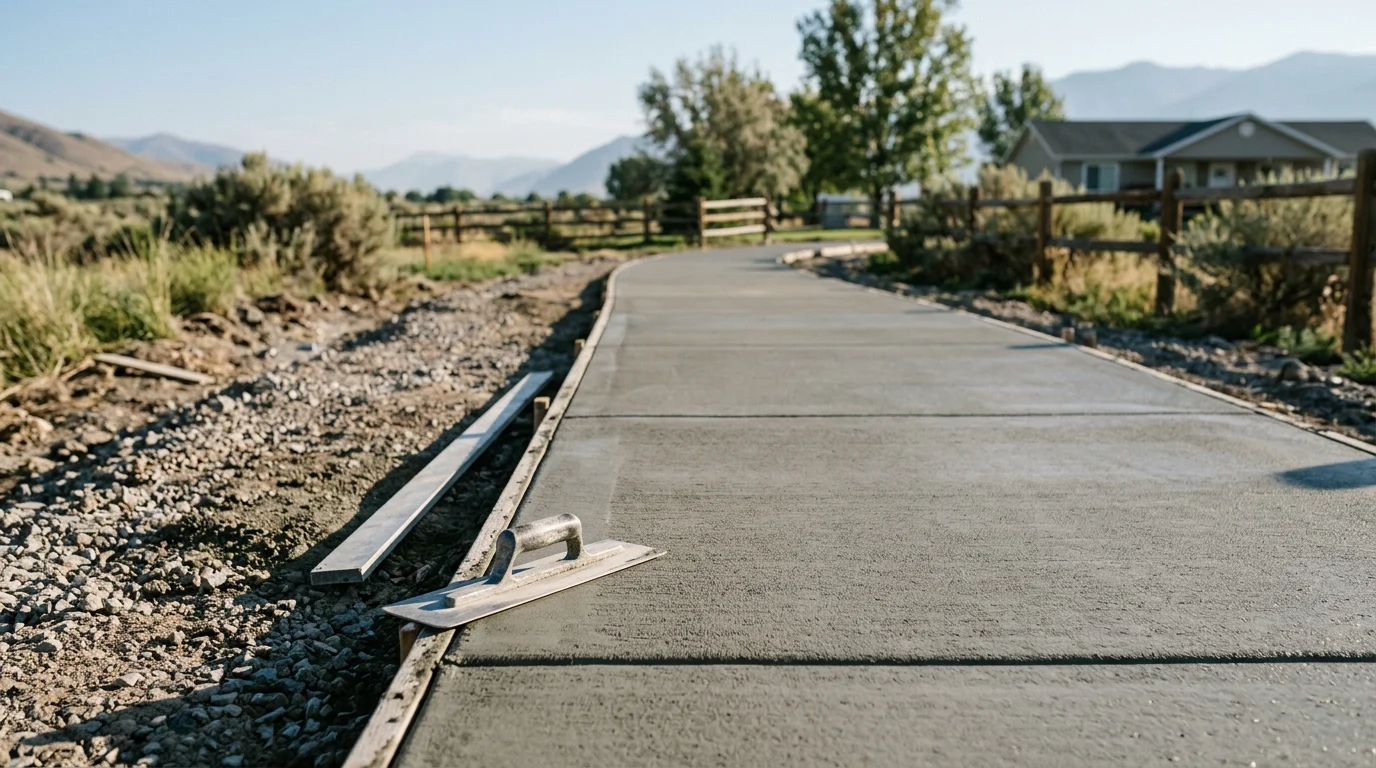Freshly poured concrete sidewalk running along the front of a residential property in Brigham City, Utah, with a smooth troweled surface and clean formed edges. The walk connects the home's front entry to the street across a well-graded lawn.