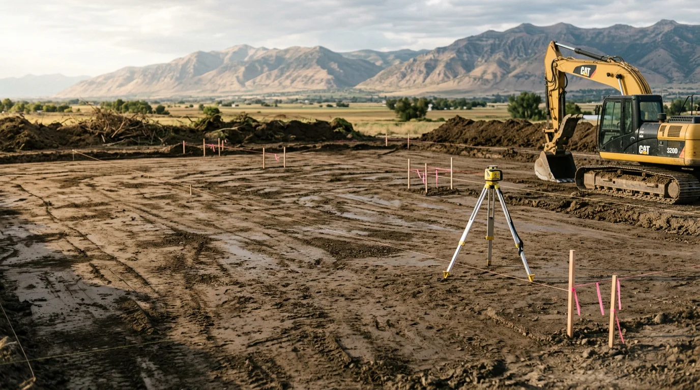 Excavator grading a cleared residential lot in Brigham City, Utah, with lake bed clay soil visible and the Bear River valley in the background. Site is leveled and ready for concrete foundation work.